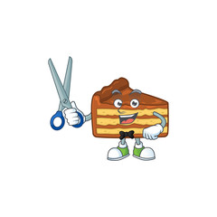 Sticker - Cute Barber chocolate slice cake cartoon character style with scissor