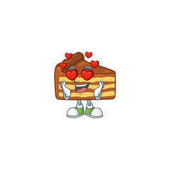 Wall Mural - Charming chocolate slice cake cartoon character with a falling in love face