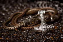 Thor's Silver Hammer Pendant On The Chain, Steel Chain Mail And Viking Helmet. Handmade. Mjolnir. Viking's Symbol.