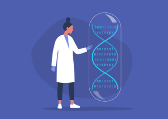 DNA code, biotech startup, scientific big data, young female researcher working in a lab