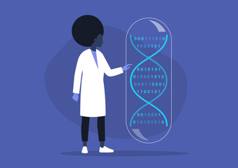 DNA code, biotech startup, scientific big data, young black female researcher working in a lab