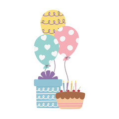 Canvas Print - happy day, cake with candles gift and balloons shaped haerts