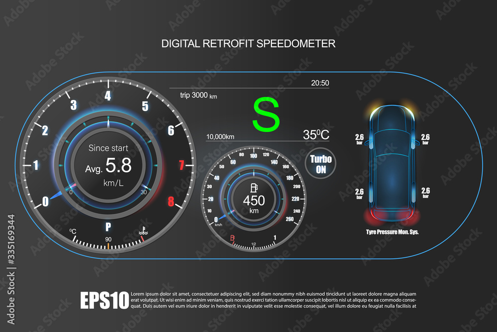 Neumorphic UI Illustration of car dashboard panel with speedometer ...