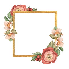 Gold frame with flowers and leaves isolated on white