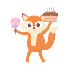 happy day, little fox with cake and candy in stick