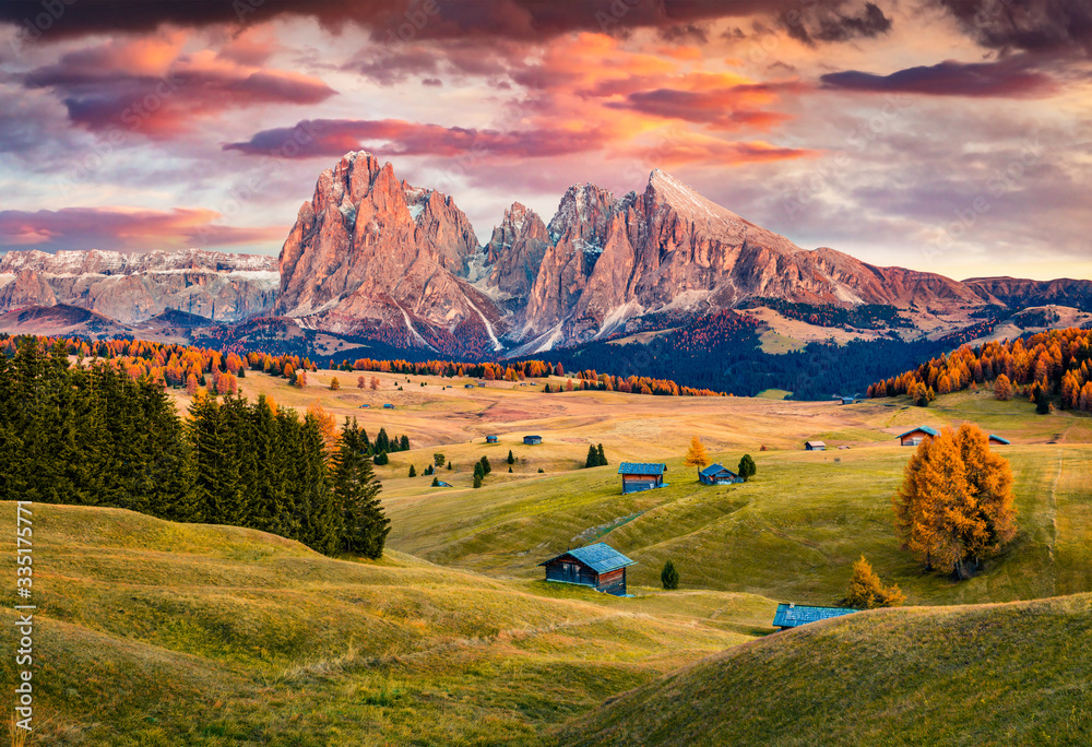 Unbelievable sunrise on Alpe di Siusi mountain plateau with beautiful yellow larch trees and Langkofel (Sassolungo) mountain on background. Autumn evening in Dolomite Alps, Ortisei locattion, Italy. - obrazy, fototapety, plakaty 