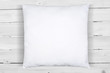 © Melissa - Square White Pillow Mockup on Weathered White Wood Background