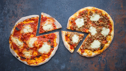 Homemade pizza, With mozzarella, tomatoes and meat, Dark background