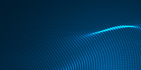 Wall Mural - abstract blue light wave dot surface pattern on dark background.
