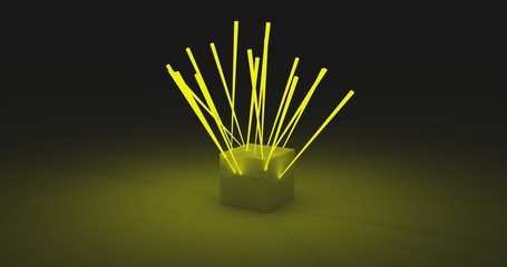 Poster - Yellow light stick pierced cube with dark background. 3D illustration