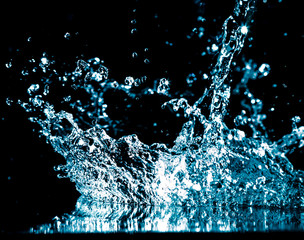 Wall Mural - Splashes and drops of blue water on a black .