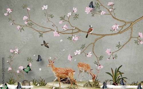 Deer in the meadow, butterflies, birds, trees with pink flowers on a gray bac...