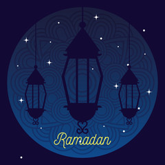 ramadan kareem poster with silhouette of lanterns hanging vector illustration design