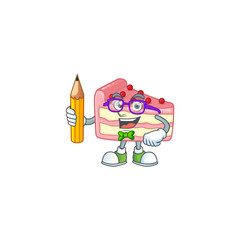 Poster - Strawberry slice cake student cartoon character studying with pencil