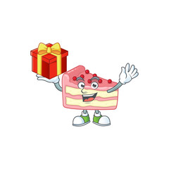 Sticker - Charming strawberry slice cake mascot design has a red box of gift