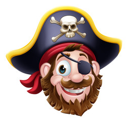 Pirate cartoon character captain with skull and crossed bones on his hat and eye patch.