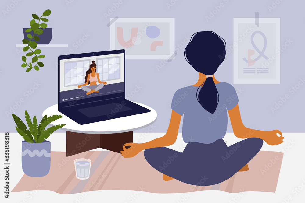Stay home concept. Girl watching online classes on laptop, practicing yoga, meditation. Live stream, internet education. Woman doing exercise in cozy modern interior. Home activity vector illustration - obrazy, fototapety, plakaty 