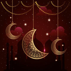 ramadan kareem poster with moons hanging vector illustration design