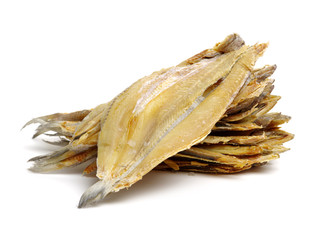 Wall Mural - Dried salted fishes on white background