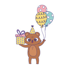 Canvas Print - happy birthday, little bear with party hat and balloons celebration isolation design icon