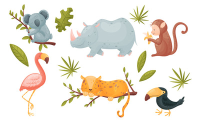 Wall Mural - african animals with horned rhino and koala sitting on tree branch vector set