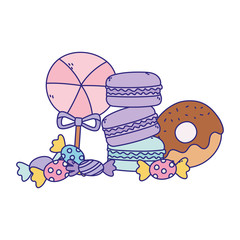 Sticker - candy in stick caramels donuts and macaroons sweet confectionery isolated icon