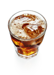 Wall Mural - top view of glass of cola with ice cubes isolated on white background