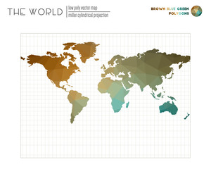  World map in polygonal style. Miller cylindrical projection of the world. Brown Blue Green colored polygons. Amazing vector illustration.