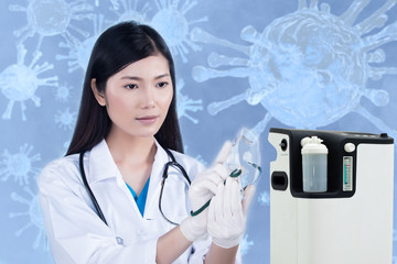 young asian doctor woman holds oxygen mask for inhale breath problem patient who need oxygen concent