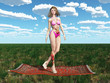 Attraktive Frau auf fliegendem Teppich über einer Landschaft