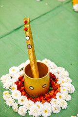 Poster - Traditional wedding ceremony in Hinduism : puja thali and flower Decoration