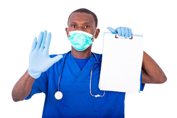 Poster - young male doctor holding a clipboard showing his hand.