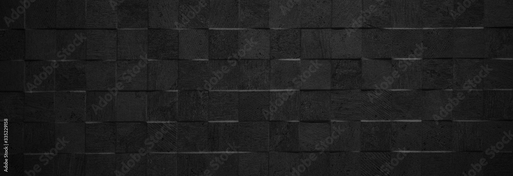 Black antharcite dark stone concrete cement texture with square cubes mosaic background panorama banner long - obrazy, fototapety, plakaty 