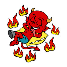 Cute Little Red Devil Sleeping On Pillow Surrounded By Flames In Hell, Color Cartoon