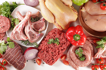 Wall Mural - assorted of raw meats- minced beef, beef, chicken, lamb chop, roast beef, sausage