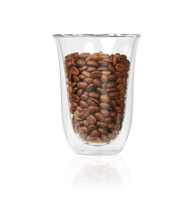 Double Wall Glass With Coffee Beans Isolated On White