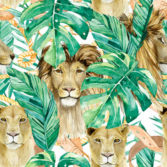 watercolor exotic wildlife africa seamless pattern. golde chain, tropical leaves and lion and liones