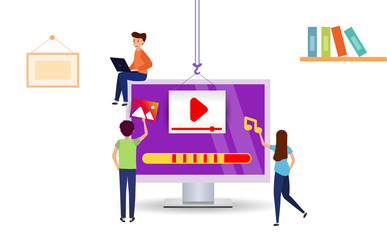 Wall Mural - little people download videos to your computer. video blog, download online training, isolated on wh