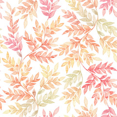 Botanical watercolor seamless pattern. Floral background. Colorful design of orange, red and green leaves. Perfect for textile, fabric, wrapping paper, linens, wallpaper etc