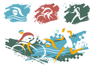 Sticker - 

Triathlon race grunge symbols. 
Expressive illustration of swimmer, cyclist and runner on the grunge background. Isolated on white background.  Vector available.