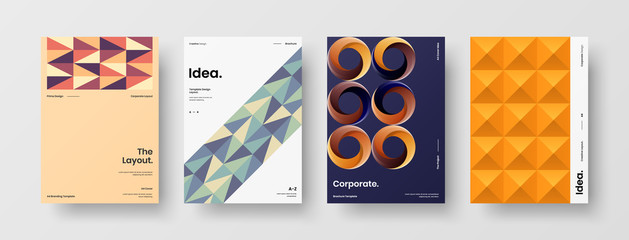 Company identity brochure template collection. Business presentation vector A4 vertical orientation front page mock up set. Corporate report cover abstract geometric illustration design layout bundle.