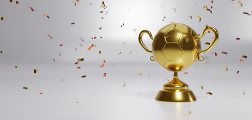 Wall Mural - golden trophy cup with falling confetti on gold background. copy space for text. 3d rendering.