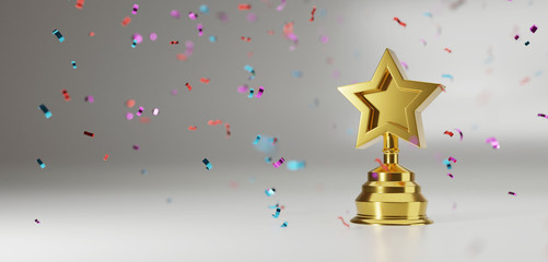 Wall Mural - golden star trophy cup on gold background. copy space for text. 3d rendering.