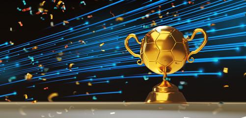 Wall Mural - golden trophy cup with falling confetti on gold background. copy space for text. 3d rendering.