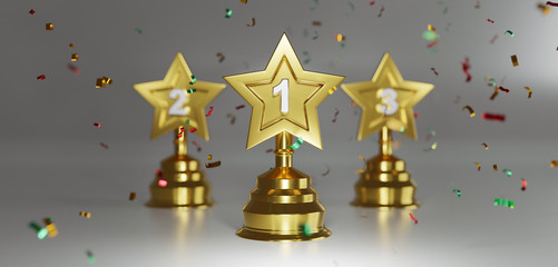Wall Mural - golden star trophy cup on gold background. copy space for text. 3d rendering.