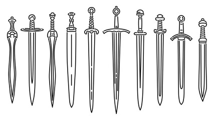 Wall Mural - Set of simple images of medieval short swords drawn in art line style.