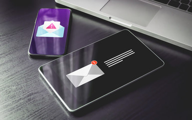 Poster - malware spreading virus, spam distribution - smartphone and tablet pc with mail notification alert a