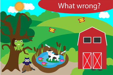 Wall Mural - What wrong, find mistakes with animals for children, fun education game for kids, preschool worksheet activity, task for the development of logical thinking, vector illustration