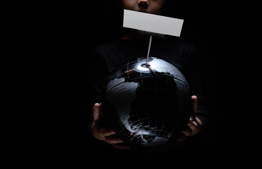 Wall Mural - kid hands hold globe with empty mock up on black background