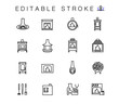 Set line icons of fireplaces and equipment for the fire inserts. Bake, oven, furnace. Furnace equipment and Christmas fireplace isolated contour illustrations. Outline symbols pack